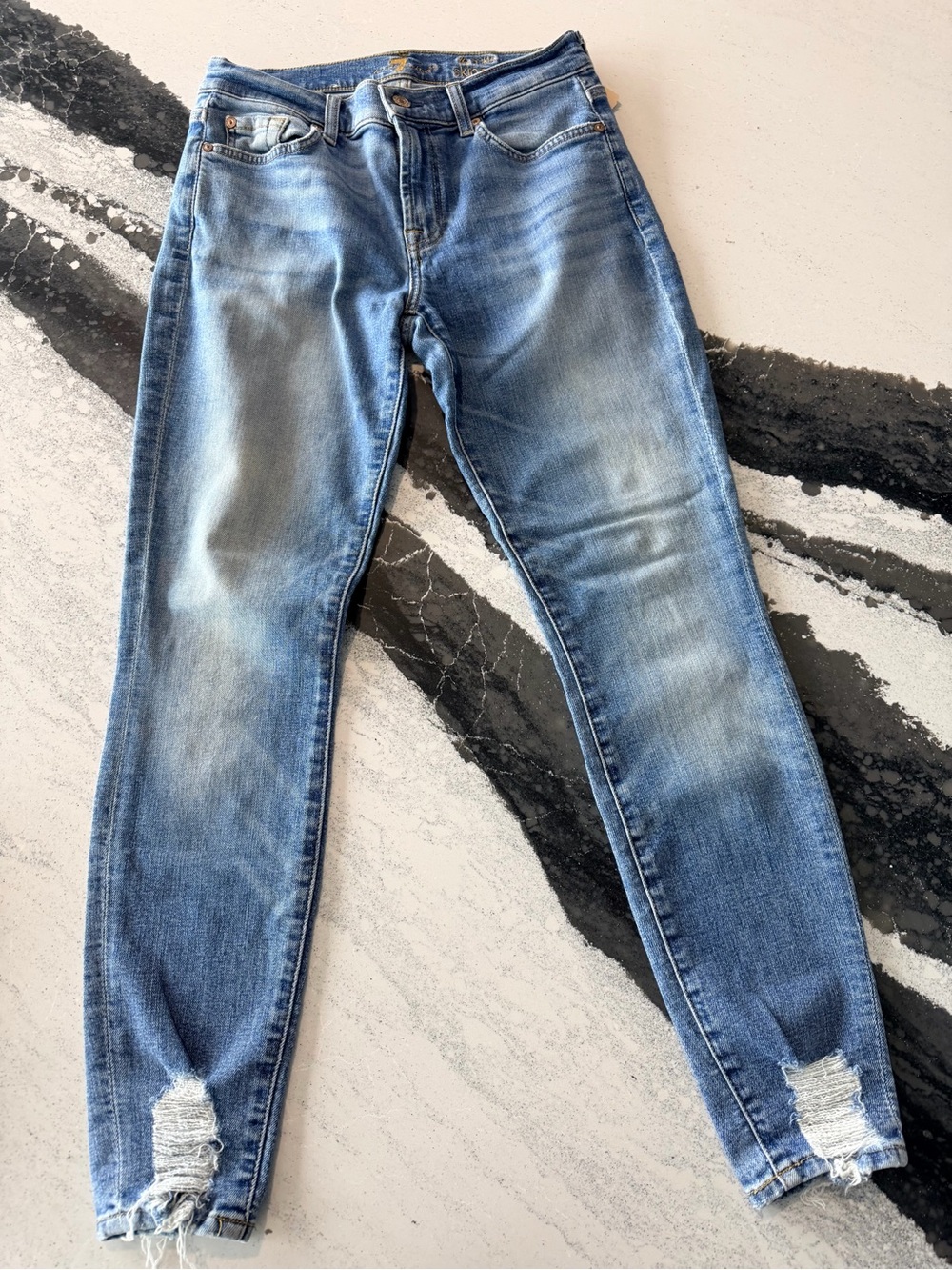 7 For All Mankind Light Blue Skinny Jeans with Distressed Ankles